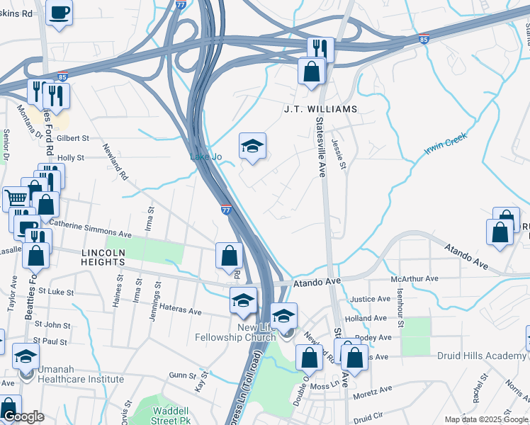 map of restaurants, bars, coffee shops, grocery stores, and more near 2440 Julia Avenue in Charlotte