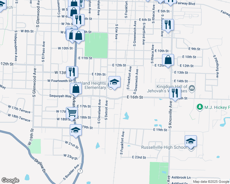 map of restaurants, bars, coffee shops, grocery stores, and more near 1501 South Detroit Avenue in Russellville