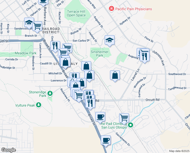 map of restaurants, bars, coffee shops, grocery stores, and more near 2705 McMillan Avenue in San Luis Obispo
