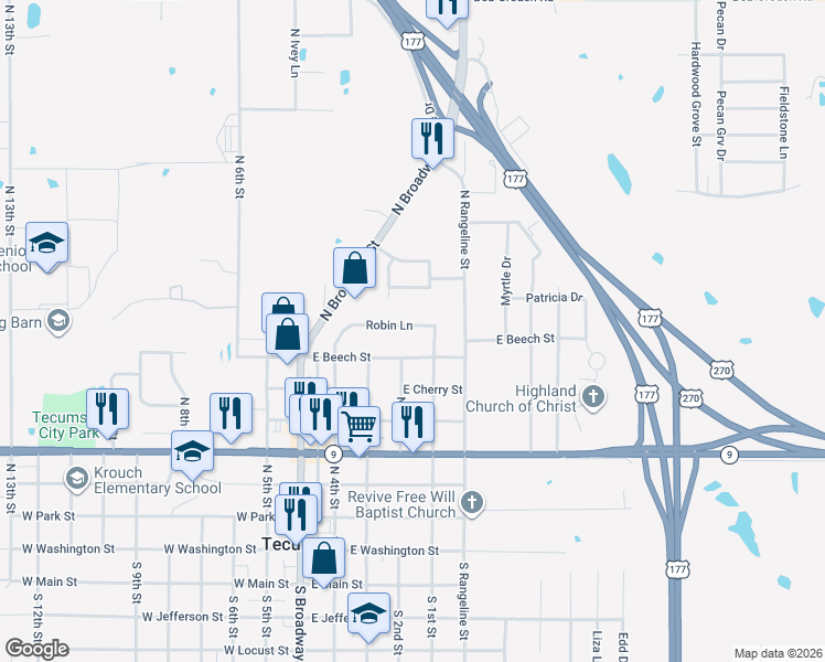 map of restaurants, bars, coffee shops, grocery stores, and more near 119 Robin Lane in Tecumseh
