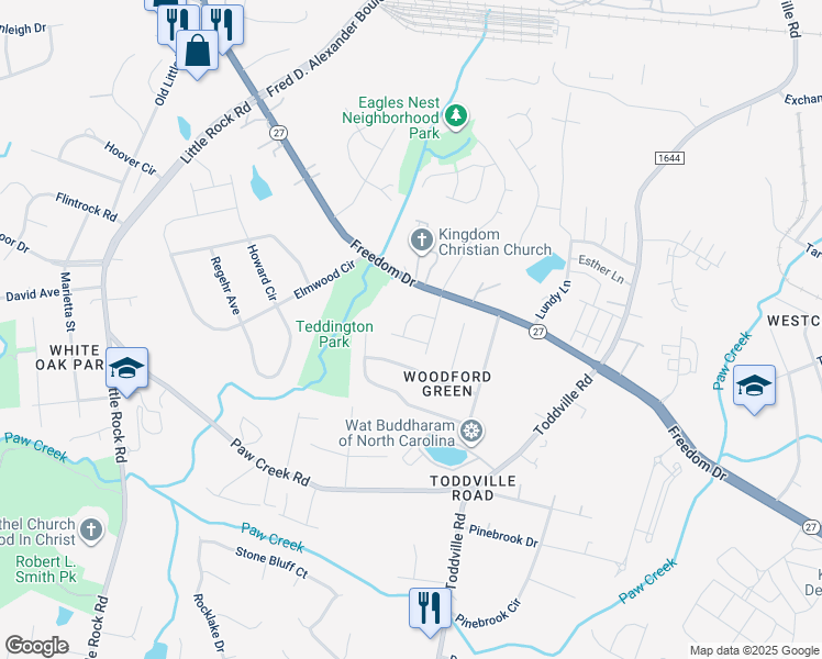 map of restaurants, bars, coffee shops, grocery stores, and more near 6039 Mary Blair Lane in Charlotte