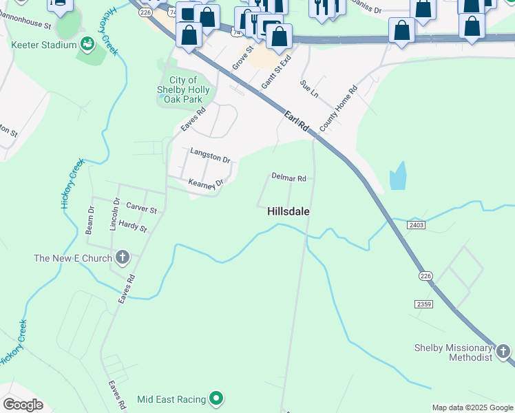 map of restaurants, bars, coffee shops, grocery stores, and more near 125 Stone Street in Shelby
