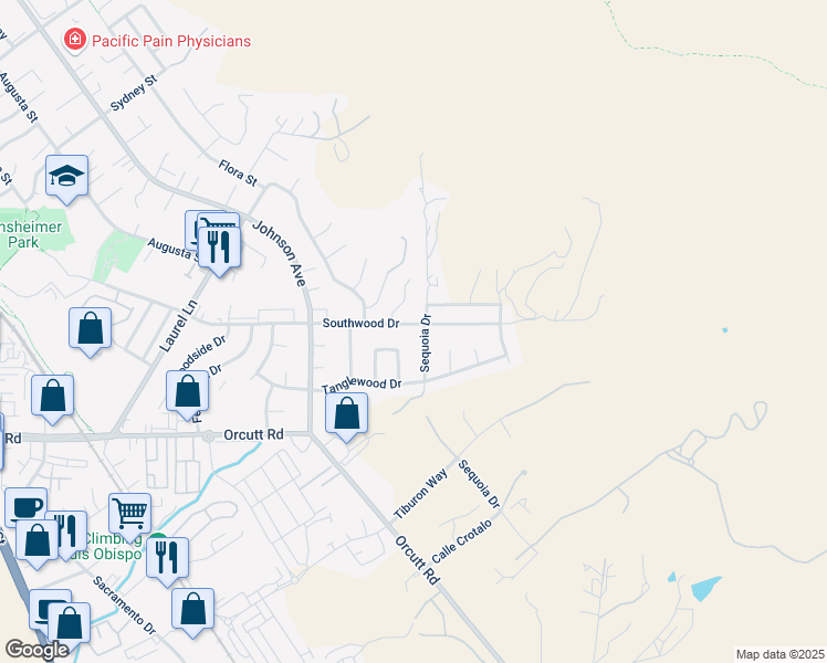 map of restaurants, bars, coffee shops, grocery stores, and more near 3391 Sequoia Drive in San Luis Obispo