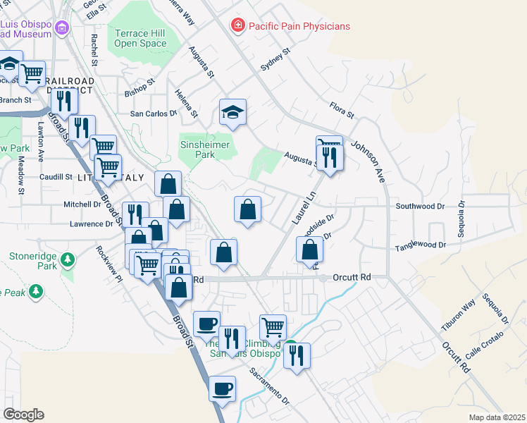 map of restaurants, bars, coffee shops, grocery stores, and more near 1033 Southwood Drive in San Luis Obispo