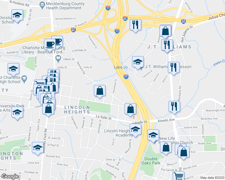 map of restaurants, bars, coffee shops, grocery stores, and more near 2307 Kennesaw Drive in Charlotte