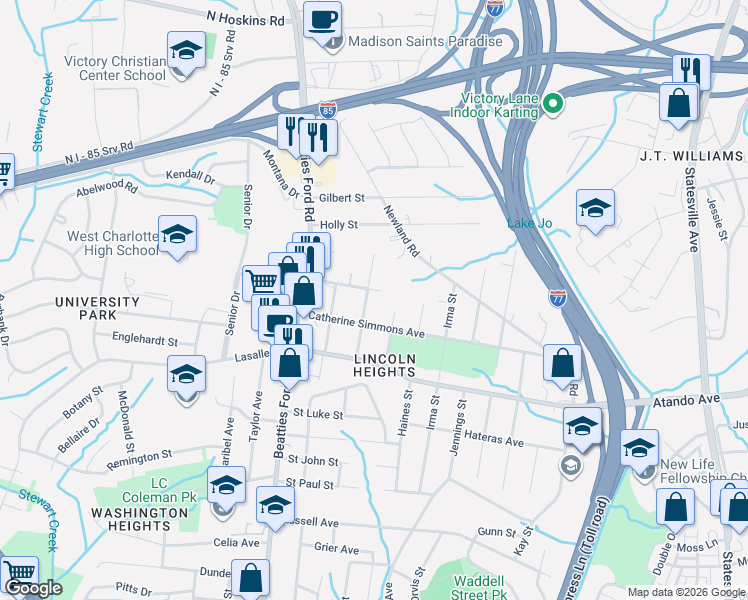 map of restaurants, bars, coffee shops, grocery stores, and more near 2228 Augusta Street in Charlotte