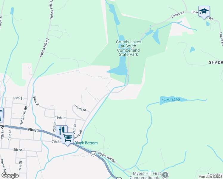 map of restaurants, bars, coffee shops, grocery stores, and more near 587 Lakes Road in Tracy City