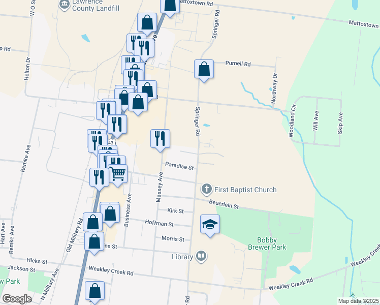 map of restaurants, bars, coffee shops, grocery stores, and more near 408 Claymar Drive in Lawrenceburg