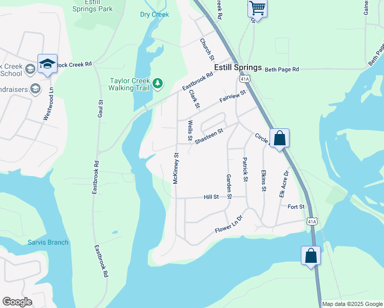 map of restaurants, bars, coffee shops, grocery stores, and more near 299 Shasteen Street in Estill Springs