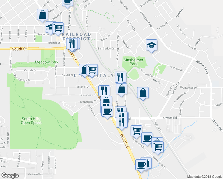 map of restaurants, bars, coffee shops, grocery stores, and more near 815 Lawrence Drive in San Luis Obispo