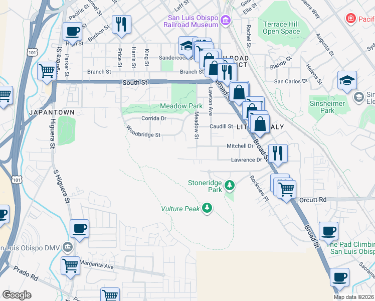 map of restaurants, bars, coffee shops, grocery stores, and more near 2699 Meadow Street in San Luis Obispo