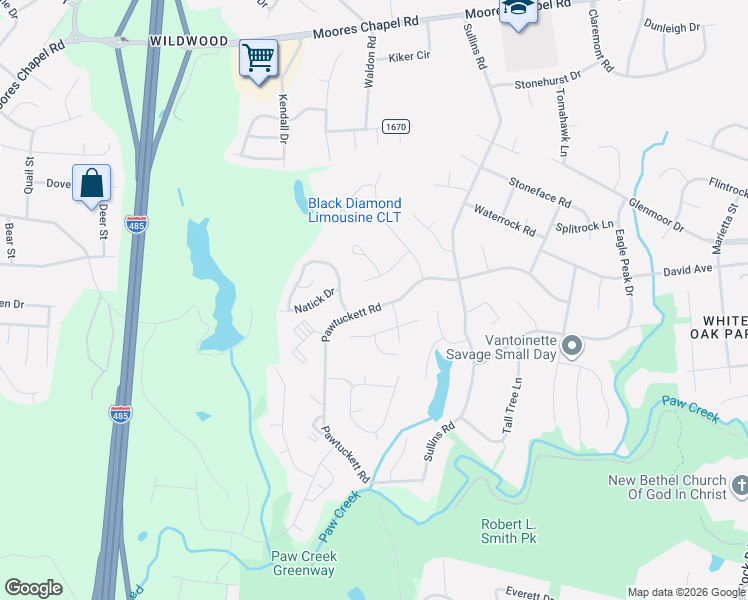 map of restaurants, bars, coffee shops, grocery stores, and more near 7400 Pawtuckett Road in Charlotte