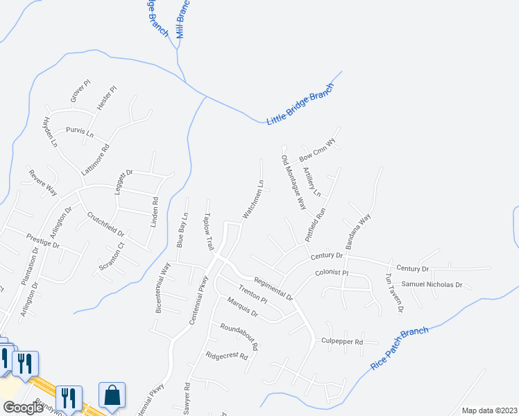 map of restaurants, bars, coffee shops, grocery stores, and more near 224 Watchmen Lane in Cameron