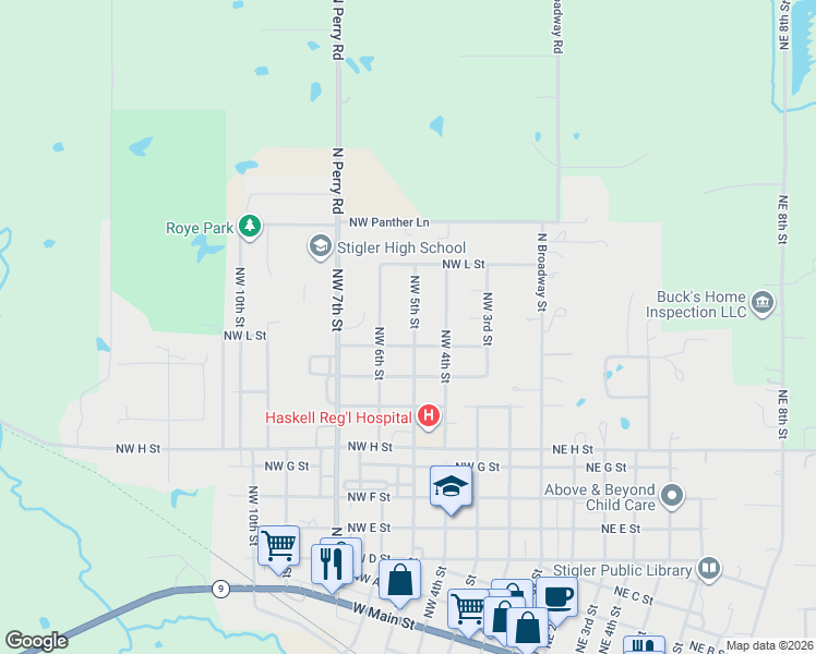map of restaurants, bars, coffee shops, grocery stores, and more near 1203 Northwest 5th Street in Stigler