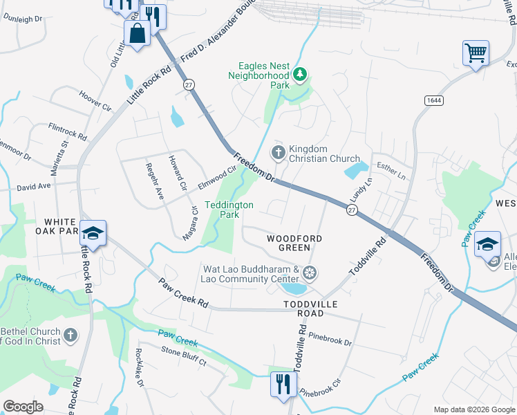 map of restaurants, bars, coffee shops, grocery stores, and more near 3036 Patriots Point Lane in Charlotte