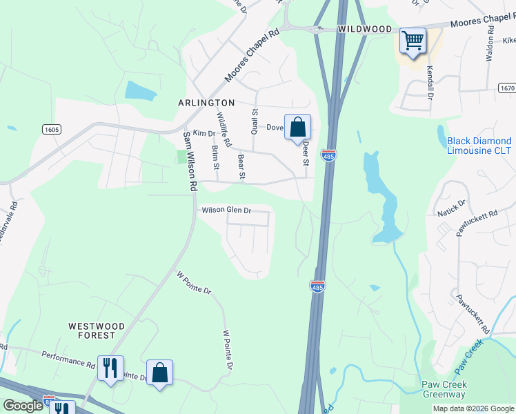 map of restaurants, bars, coffee shops, grocery stores, and more near 10416 Wilson Glen Drive in Charlotte