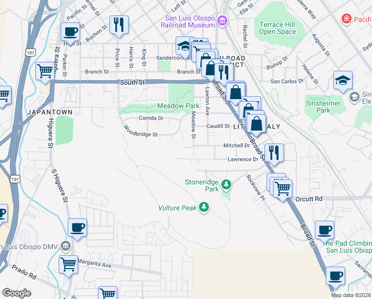 map of restaurants, bars, coffee shops, grocery stores, and more near 2699 Meadow Street in San Luis Obispo