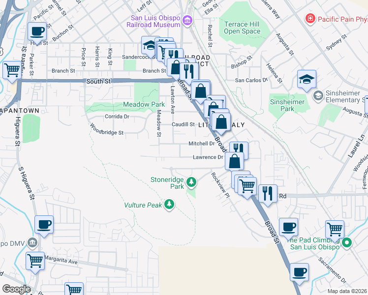 map of restaurants, bars, coffee shops, grocery stores, and more near 544 Mitchell Drive in San Luis Obispo