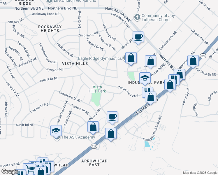 map of restaurants, bars, coffee shops, grocery stores, and more near 4917 Turquoise Drive Northeast in Rio Rancho