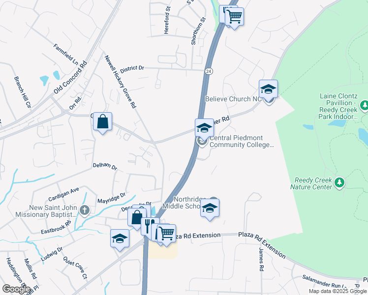 map of restaurants, bars, coffee shops, grocery stores, and more near 3606 Huyton Court in Charlotte