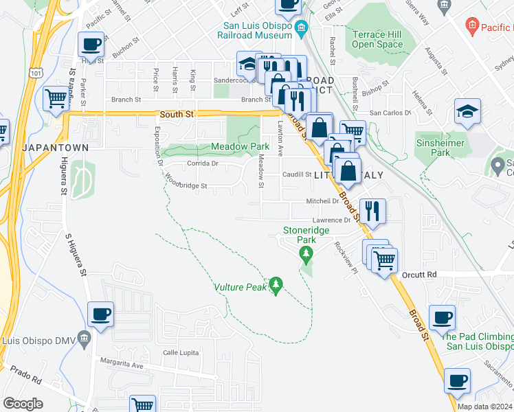 map of restaurants, bars, coffee shops, grocery stores, and more near 2701 Meadow Street in San Luis Obispo