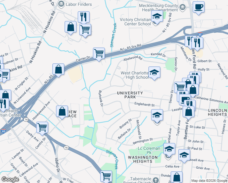 map of restaurants, bars, coffee shops, grocery stores, and more near 2844 Southwest Boulevard in Charlotte
