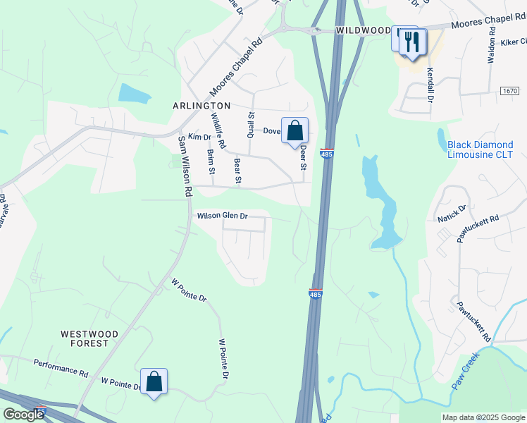 map of restaurants, bars, coffee shops, grocery stores, and more near 10404 Wilson Glen Drive in Charlotte