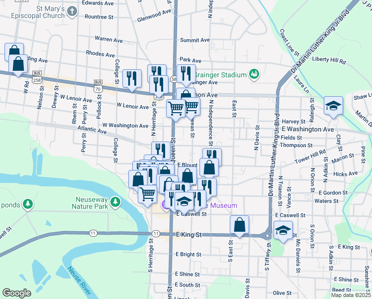 map of restaurants, bars, coffee shops, grocery stores, and more near 113 East Peyton Avenue in Kinston