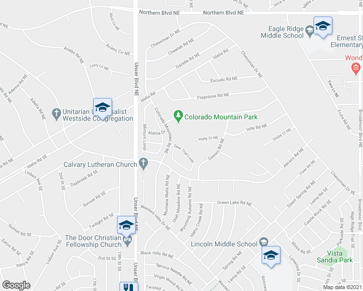 map of restaurants, bars, coffee shops, grocery stores, and more near 2249 Deer Trail Loop in Rio Rancho