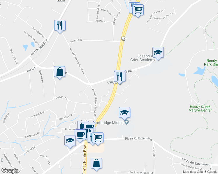 map of restaurants, bars, coffee shops, grocery stores, and more near 3606 Huyton Court in Charlotte