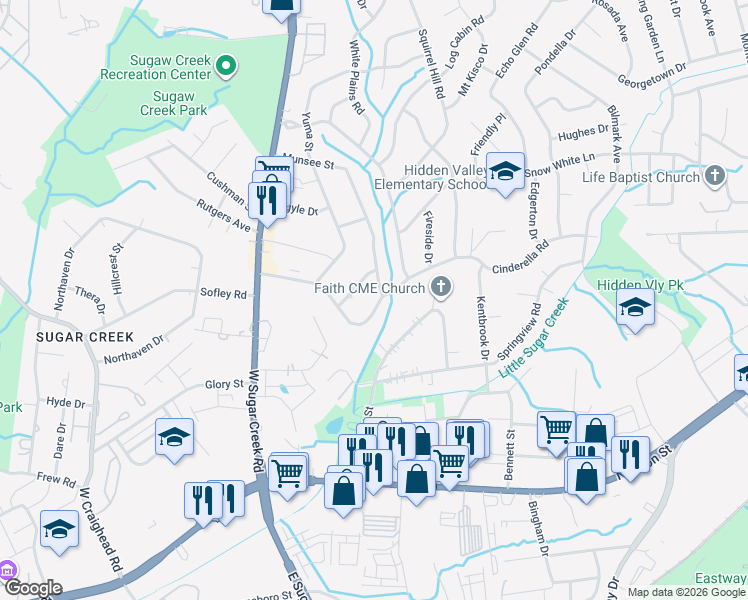 map of restaurants, bars, coffee shops, grocery stores, and more near 4635 Cinderella Road in Charlotte