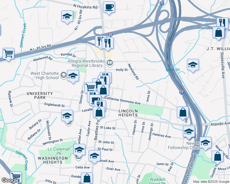 map of restaurants, bars, coffee shops, grocery stores, and more near 2225 Doctor Webber Avenue in Charlotte