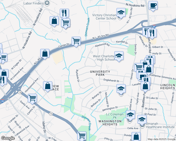 map of restaurants, bars, coffee shops, grocery stores, and more near 2844 Southwest Boulevard in Charlotte