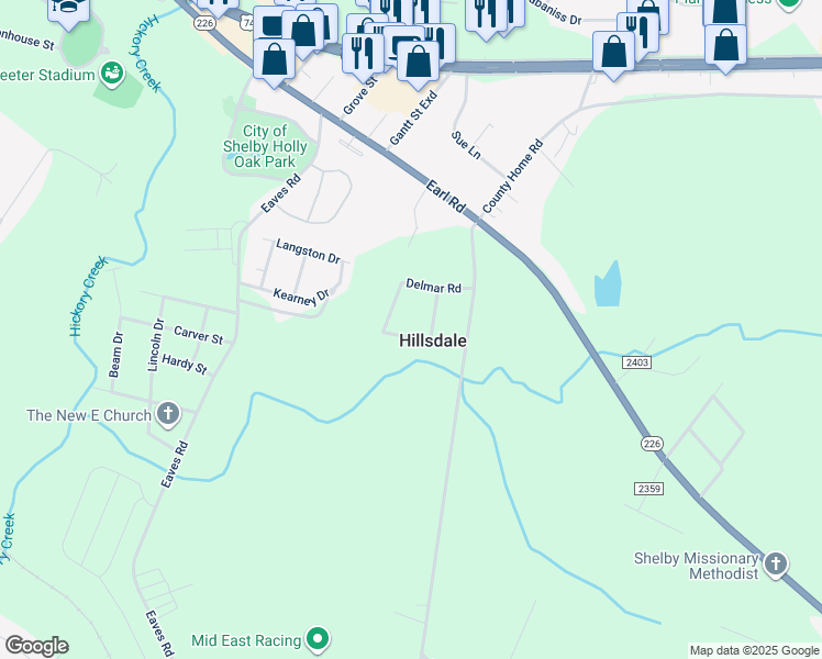 map of restaurants, bars, coffee shops, grocery stores, and more near 110 Stone Street in Shelby