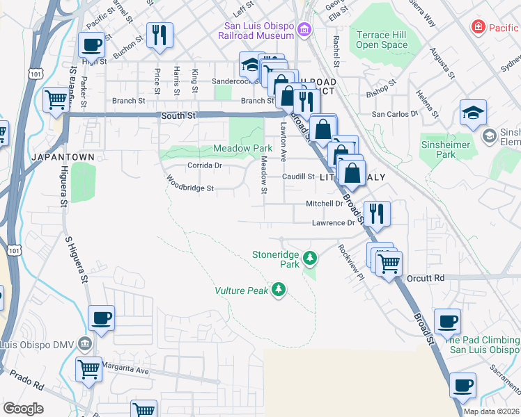 map of restaurants, bars, coffee shops, grocery stores, and more near 2689 Meadow Street in San Luis Obispo