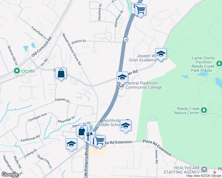 map of restaurants, bars, coffee shops, grocery stores, and more near 3606 Huyton Court in Charlotte