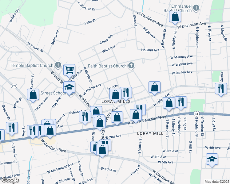 map of restaurants, bars, coffee shops, grocery stores, and more near 1308 West Rankin Avenue in Gastonia