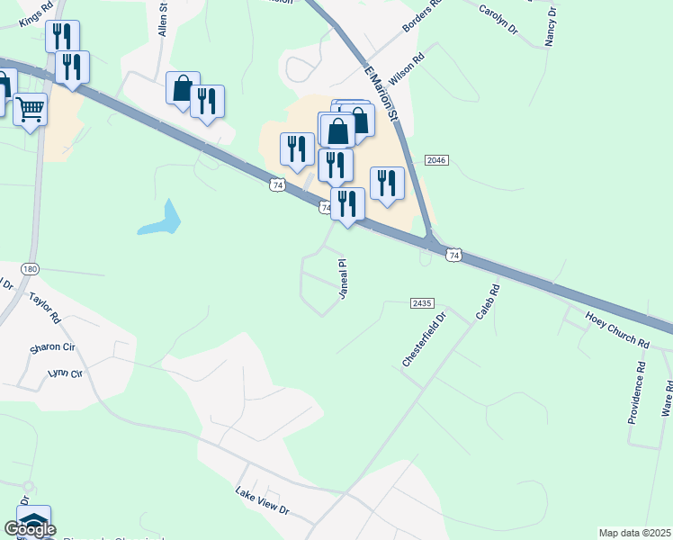 map of restaurants, bars, coffee shops, grocery stores, and more near 1017-1019 Janeal Place in Shelby