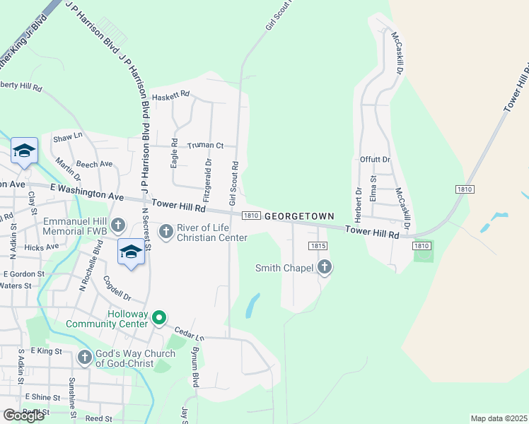 map of restaurants, bars, coffee shops, grocery stores, and more near 2108 Tower Hill Road in Kinston