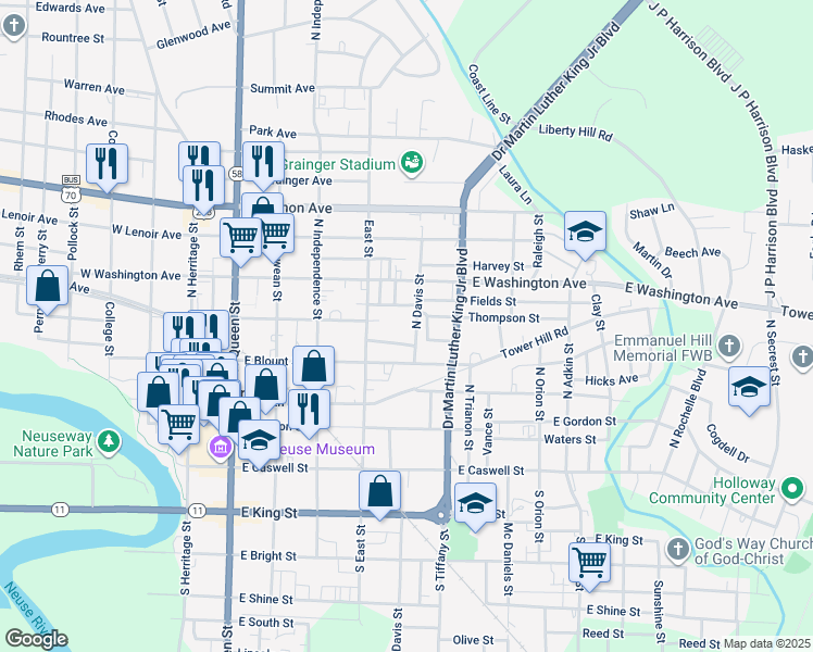 map of restaurants, bars, coffee shops, grocery stores, and more near 422 North Davis Street in Kinston