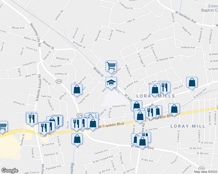 map of restaurants, bars, coffee shops, grocery stores, and more near 1655 North Webb Street in Gastonia