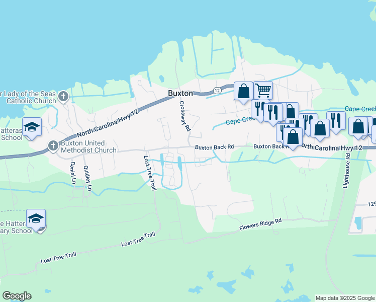 map of restaurants, bars, coffee shops, grocery stores, and more near 47551 Buxton Back Road in Buxton