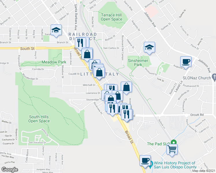 map of restaurants, bars, coffee shops, grocery stores, and more near 770 Lawrence Drive in San Luis Obispo