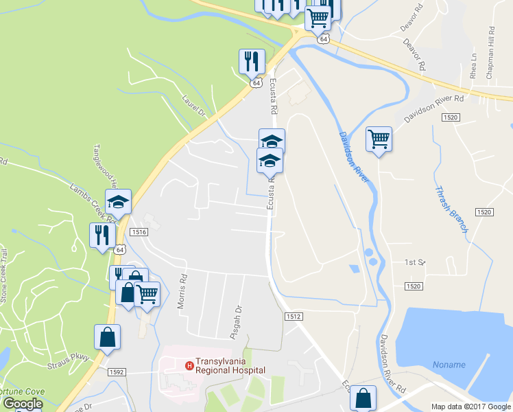 map of restaurants, bars, coffee shops, grocery stores, and more near 483 Big Bend Road in Brevard