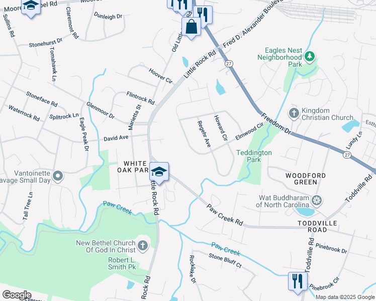 map of restaurants, bars, coffee shops, grocery stores, and more near 6309 Elmwood Circle in Charlotte