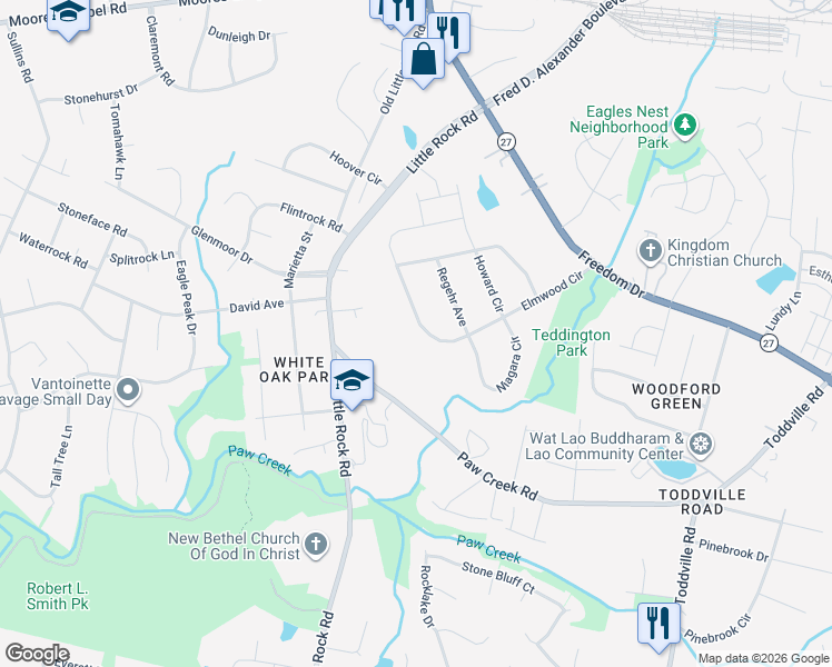 map of restaurants, bars, coffee shops, grocery stores, and more near 6309 Elmwood Circle in Charlotte