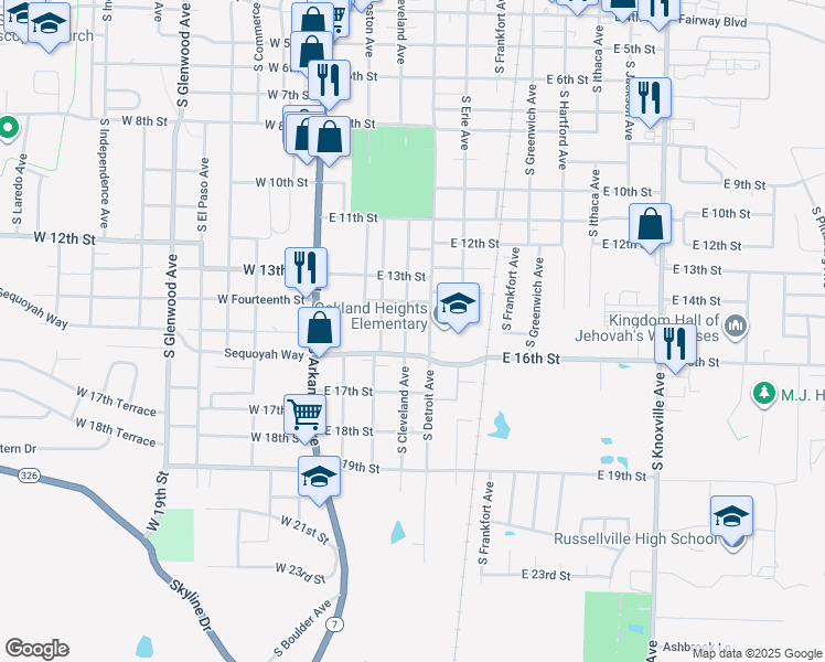 map of restaurants, bars, coffee shops, grocery stores, and more near 1501 South Cleveland Avenue in Russellville