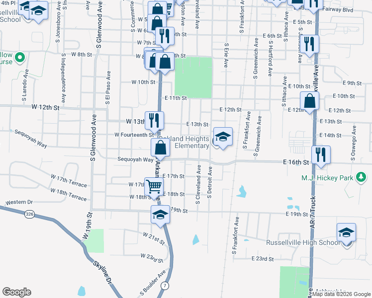 map of restaurants, bars, coffee shops, grocery stores, and more near 222 East 15th Street in Russellville