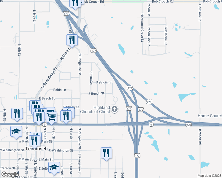 map of restaurants, bars, coffee shops, grocery stores, and more near 805 Patricia Drive in Tecumseh