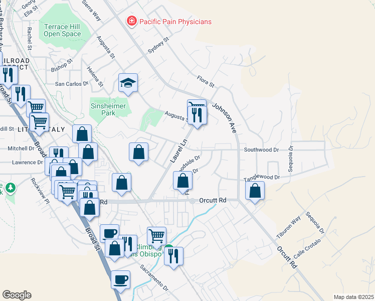 map of restaurants, bars, coffee shops, grocery stores, and more near 1215 Southwood Drive in San Luis Obispo
